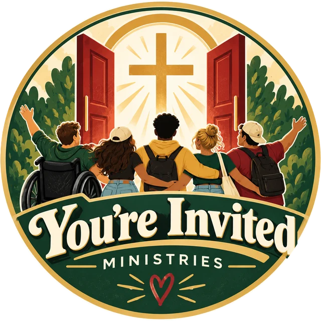 You're Invited Ministries logo: friends, one in a wheelchair, arm in arm walking through open red doors toward a glowing golden cross.